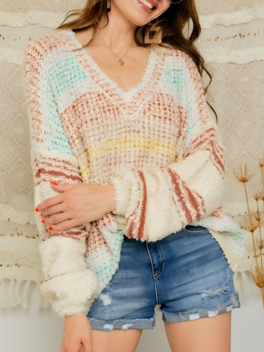 Adora Striped Fluffy Shag V-Neck Knit Sweater